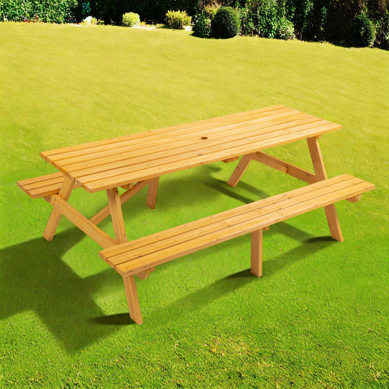 8-Person Wooden Picnic Table with Built-In Benches and Umbrella Hole, Yellow