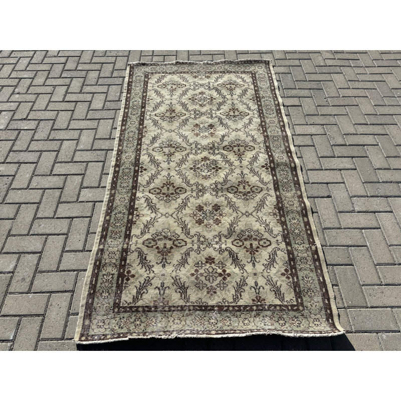 Élégant tapis en laine beige, tapis floral classique 1,5 x 2,7 pi