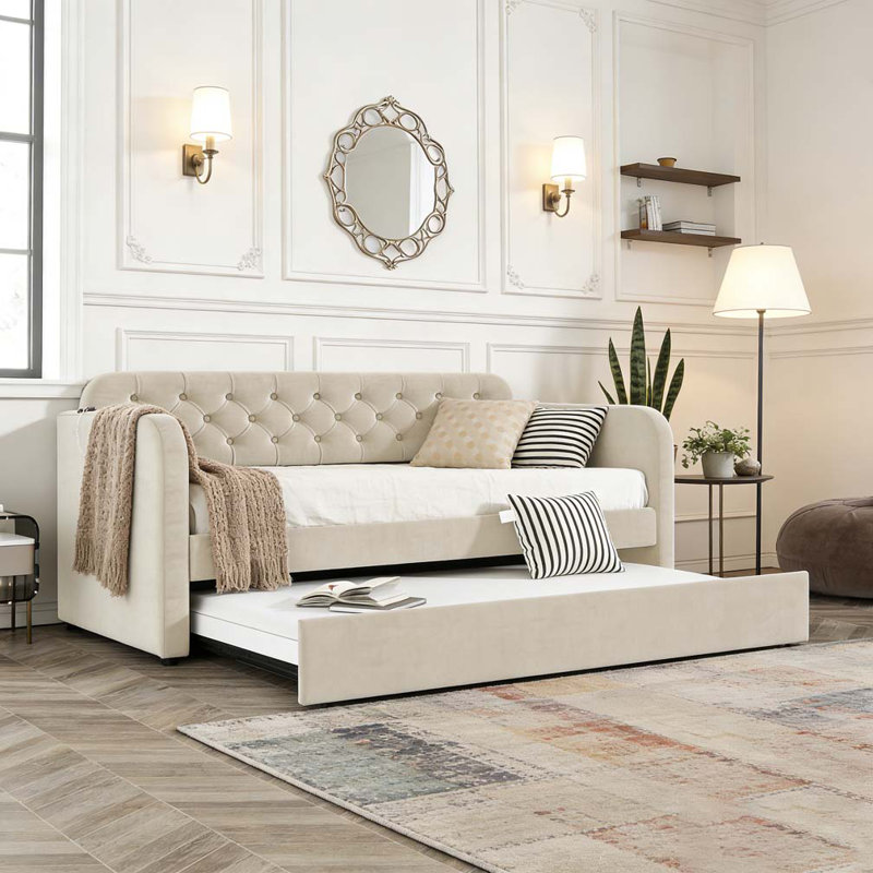Twin Size Upholstered Daybed with Trundle and USB Charging Design, Light beige