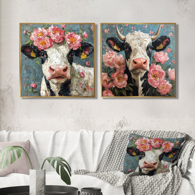 Cow Painting With Peonies I - Cow Animal Wall Art - Modern Wall Art Canvas 2 Piece