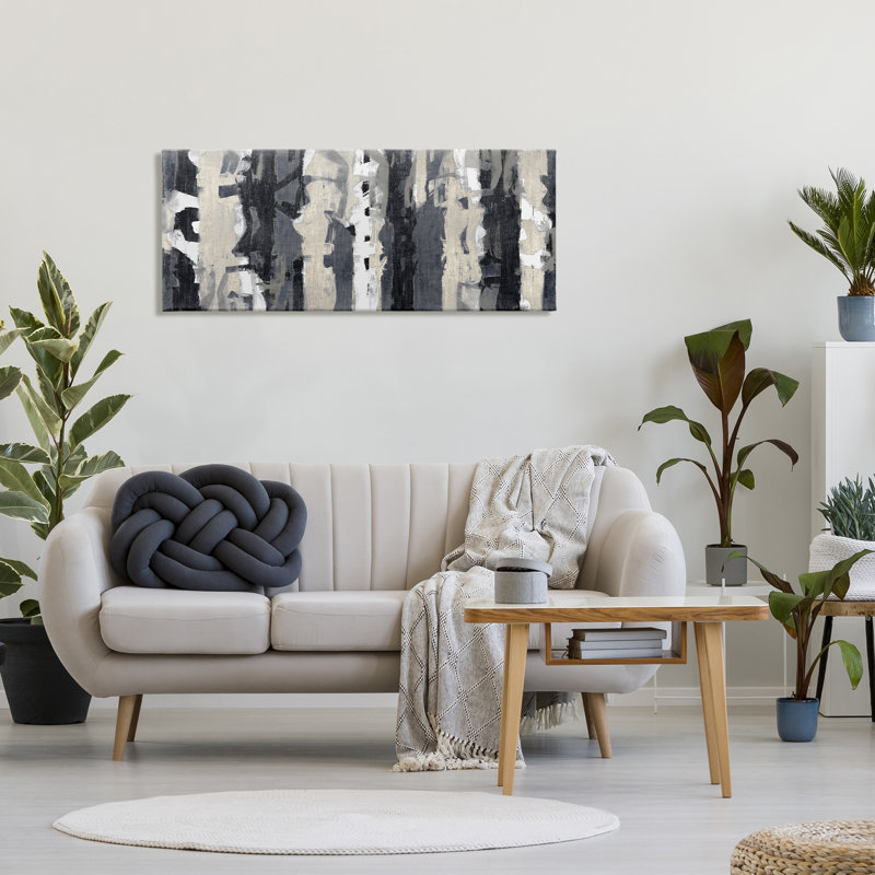 «Modern Busy Abstraction Grey Beige Black Messy Stripes» par Max Hansen - Peinture, Toile tendue, H 20 po x l 48 po