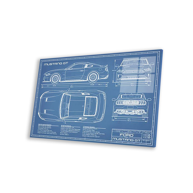 Mustang GT (2018-2020), impression de plan sur verre acrylique, Bleu / blanc, H 16 po x l 24 po x P 0,25 po