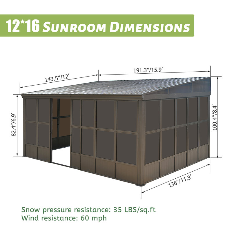 16 Ft. W x 12 Ft. D Aluminum Patio Gazebo Wall-Mounted Solarium