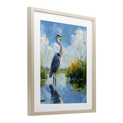 Blue Heron in Wetlands Framed Print Under Glass, design by LSR Design Studio