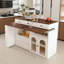 Îlot de cuisine avec table extensible et rotative, panneau de fibres à densité moyenne avec placage de noyer au design rétro, 4 tiroirs et armoires à portes en verre avec prise intégrée, station de repas extensible pour 2 à 4 personnes