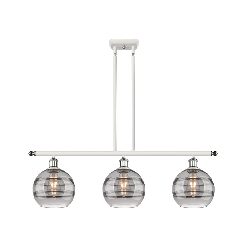 Luminaire suspendu pour îlot de cuisine à 3 lumières Chartoff, Chrome poli blanc, Gris fumée clair