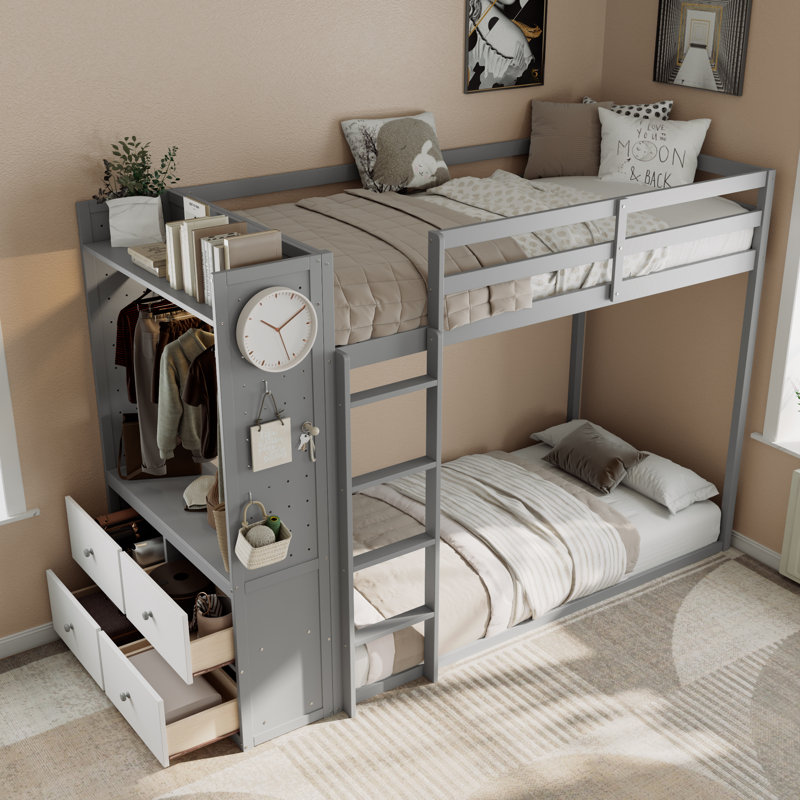Lit superposé simple au-dessus de simple avec tiroirs de rangement, rail suspendu, lumière DEL, tablettes et panneau perforé, structure en bois, gris