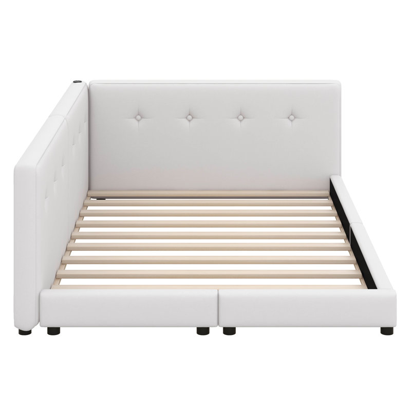 Modern Upholstered Platform Bed With USB Ports, Floor Daybed With Wood Slat Support, Full