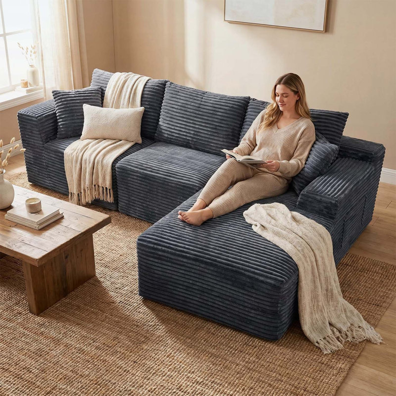 Canapé modulaire 103,9 pouces Cloud, Velours côtelé gris, Gris