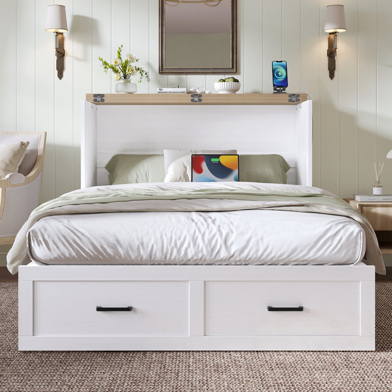 Lit escamotable double avec station de charge et grand tiroir de rangement, Lit double, Blanc