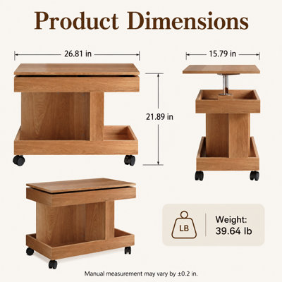 Table basse roulante à plateau relevable, bureau rotatif, rangement ouvert