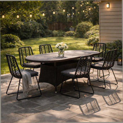 Ensemble de salle à manger d'extérieur en osier 7 pièces, table en rotin et chaises pour 6 pour terrasse, terrasse, porche, brun et noir