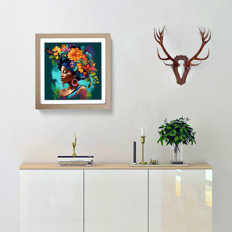 African Woman Floral Art No.5 - Framed Print, Oak