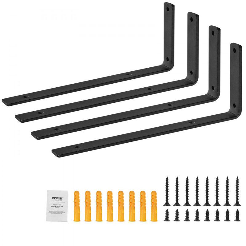Support de tablette, supports de tablette flottants robustes 10 x 6 po, 4 supports de tablettes, support de tablette en L noir mat de 5 mm d'épaisseur, supports de tablette en acier avec capacité de charge de 160 lb