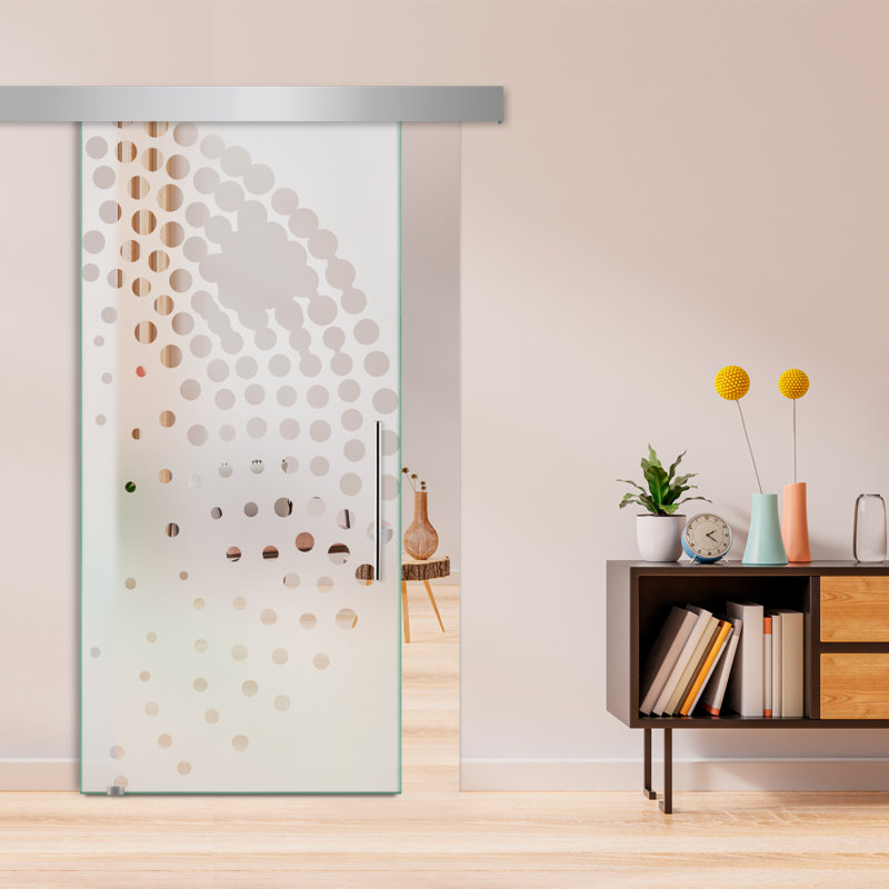Porte de grange coulissante en verre sans cadre avec design moderne sablé et quincaillerie (semi-privée), 28 po x 84 po