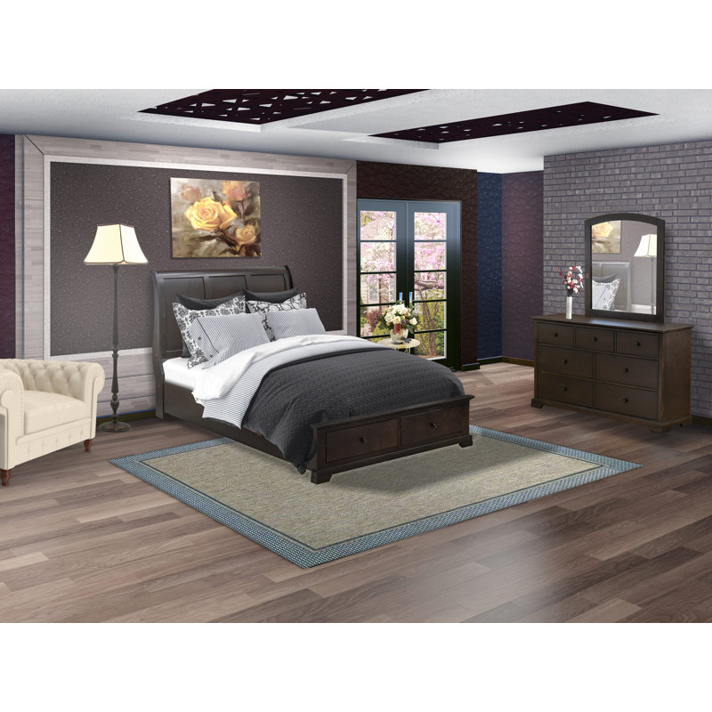 Ensemble de chambre à coucher 4 pièces avec lit de tête de lit de style moderne, commode de style Mid-Century, miroir encadré et commode en bois - Finition noyer brossé