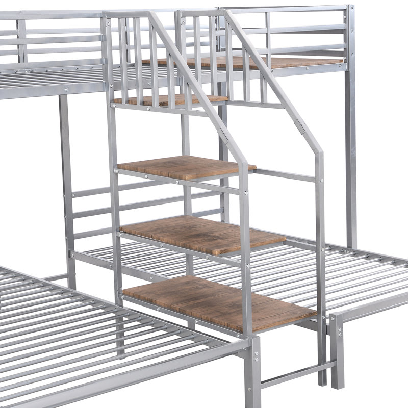 Lit simple superposé au dessus d'un lit en métal, escalier argenté avec rangement, Argent argent