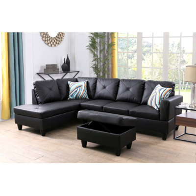 Black Faux Leather 3-Piece Sectional Sofa Set with Storage Ottoman