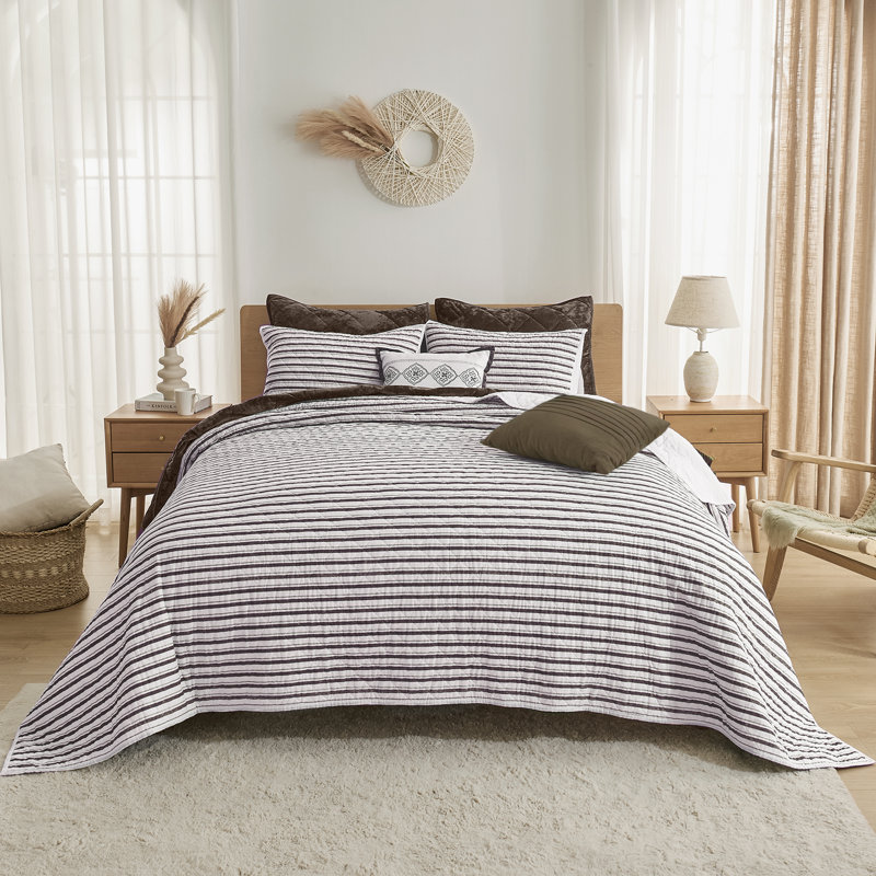 Queen Size White and Brown Striped Cotton Quilt Set with Shams and Throw Pillows