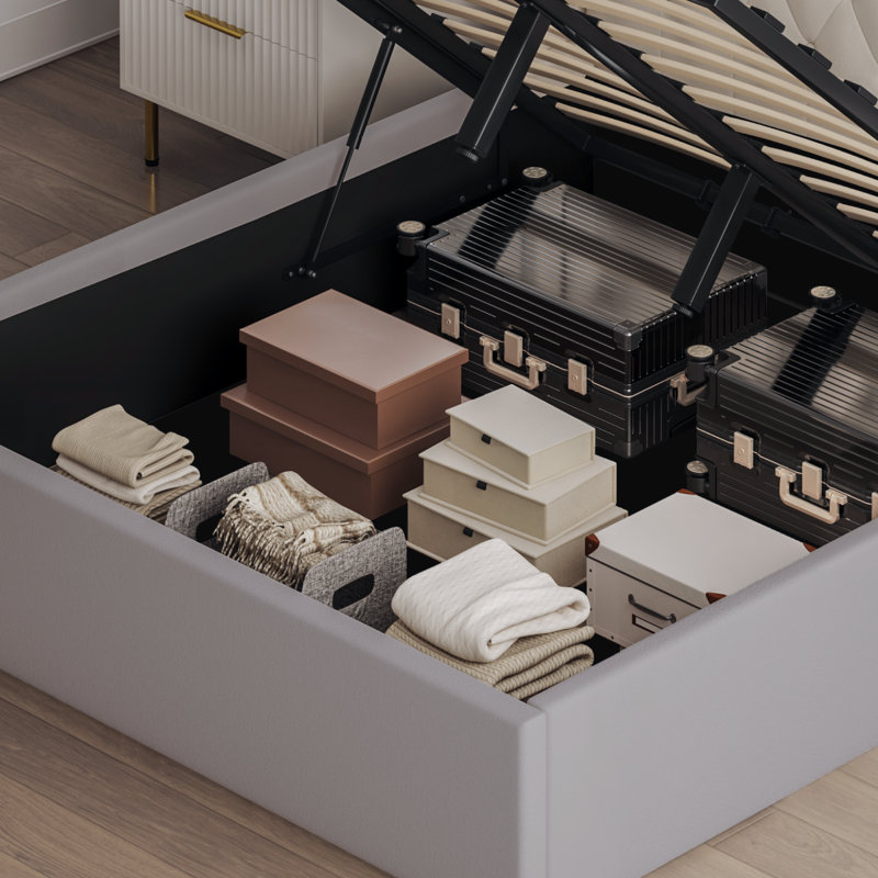 Lit plateforme capitonné avec rangement, Grand, Gris clair