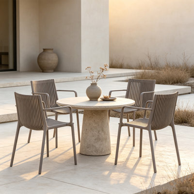 4 Pack Stackable PP Plastic Patio Armchairs, 300lbs Capacity Outdoor Dining Chairs, Weather UV Resistant Slatted Back Arm Chairs, No Assembly Indoor Outdoor Chair for Patio Balcony Cafe, Warm Grey