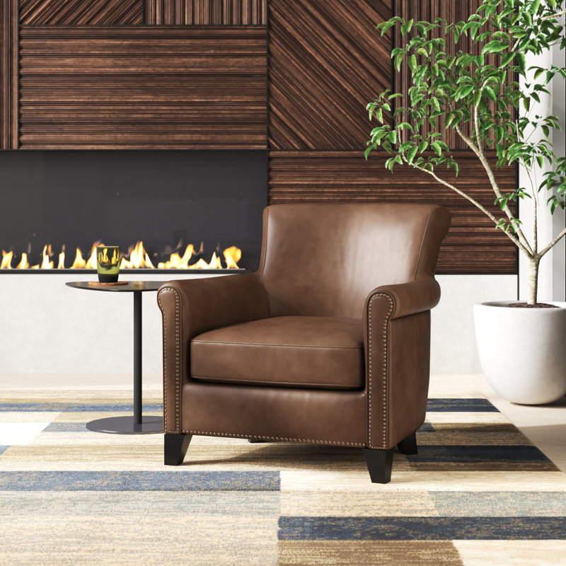 Rael 31.5"W Genuine Top-Grain Leather Accent Chair with Nailhead Trim and Espresso Wood Legs, Brown