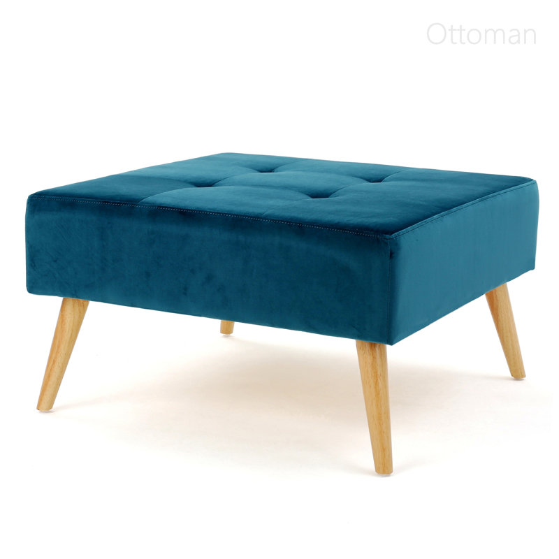 Teejay Cocktail Upholstered Ottoman with Tufted Top, Dark Teal Velvet