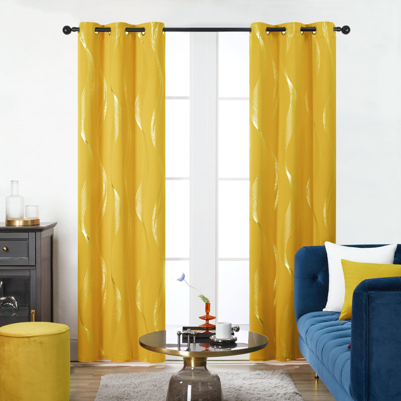 Spurgh Sliver Wave Foil Print Blackout Thermal Grommet Curtain Panels (Set of 2), 42" W x 95" L, Mellow Yellow