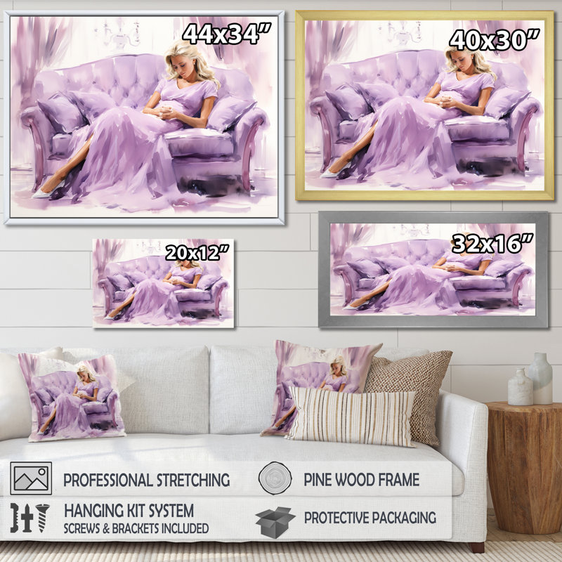 «Purple Woman Elegance On Coach - Dior», art mural, Cadre d'angle fermé doré, H 30 po x l 40 po x P 1,5 po