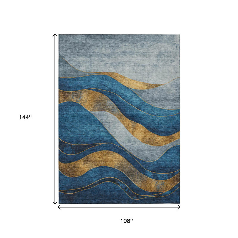Tapis intérieur lavable abstrait bleu et doré 9 pi x 12 pi