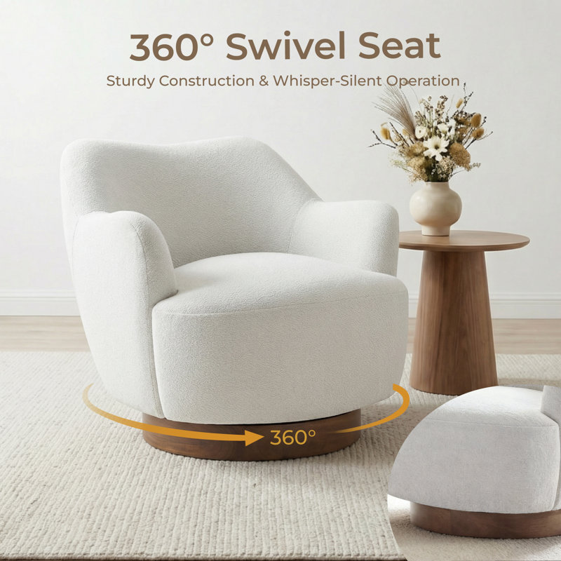 Modern Upholstered Swivel Barrel Chair With Solid Wood Base, Cream