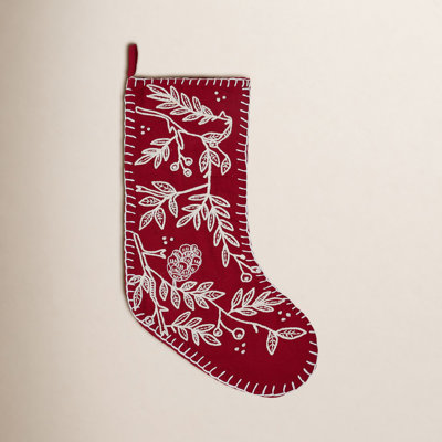 Red Folk Branch Embroidered Holiday Stocking