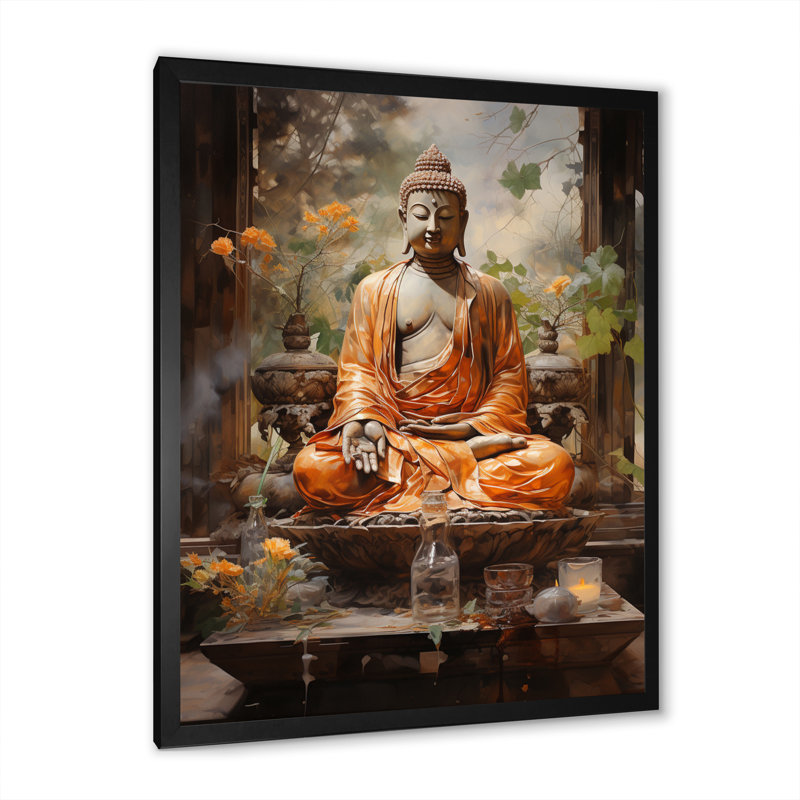 Art bouddhiste orange et gris, Bouddha, art mural, L 12 po x H 20 po x P 1 po, Cadre simple noir