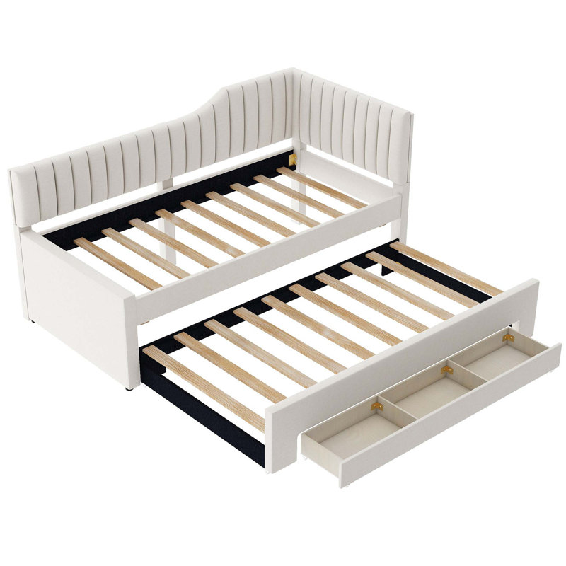 Lit de jour simple tapissier avec lit gigogne et trois tiroirs, Beige