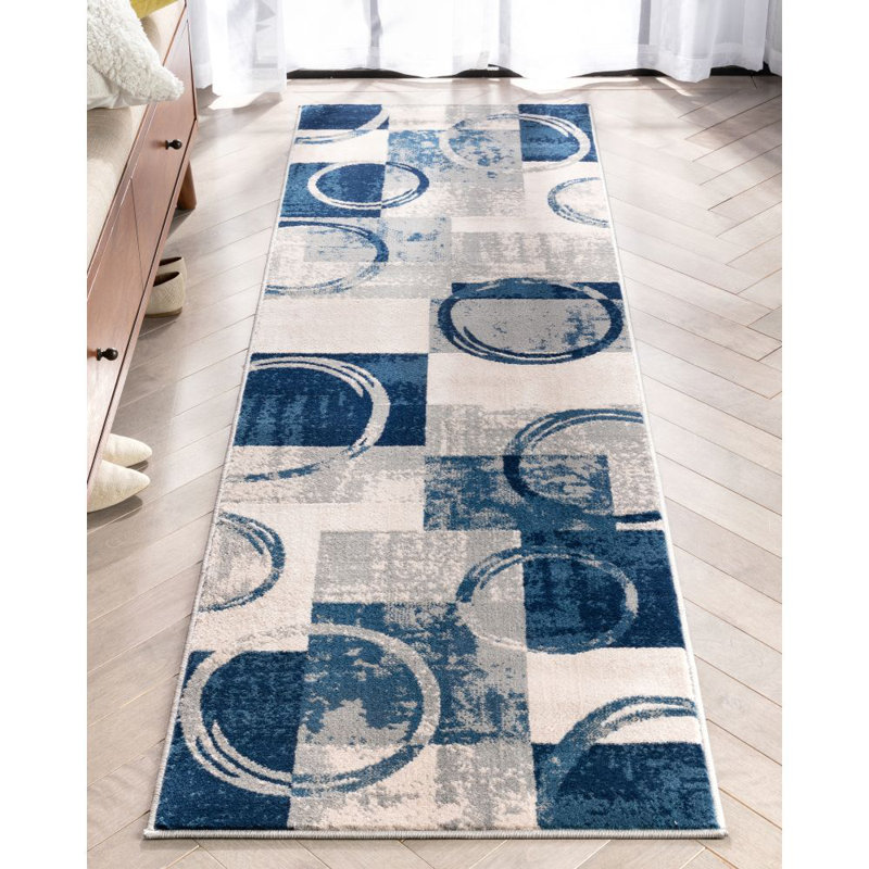 Chimeng Shai Modern Geometric Gray Blue Area Rug, Runner 2'3" x 7'3"