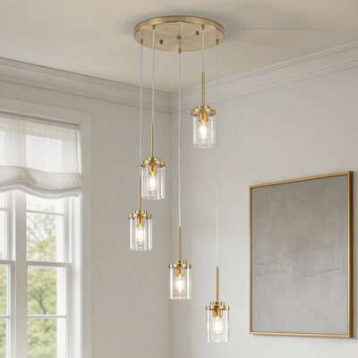 Modern Industrial 5-Light Cluster Pendant Light, Black Metal Clear Glass Cylinder Hanging Ceiling Light For Kitchen Island Dining Room Entryway