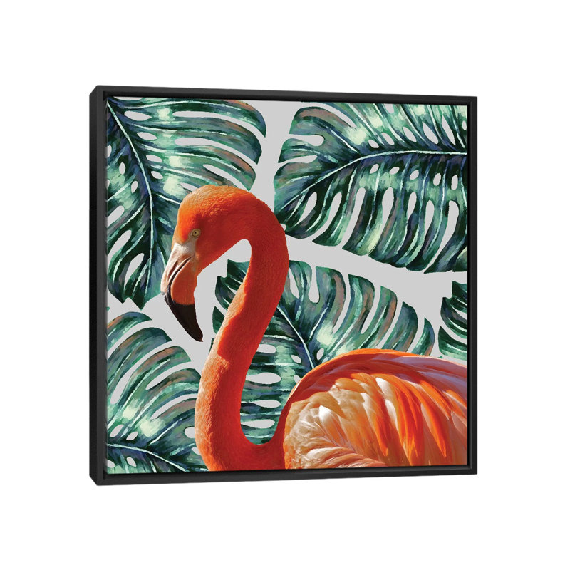 « flamant rose », impression sur toile, H 18 po x l 18 po x P 1,5 po, Toile avec cadre noir, Pas de tapis