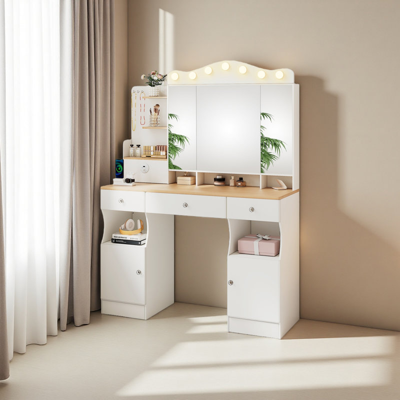 Vanity Desk With Mirror And Lights,Makeup Vanity With 2 USB Power Strip, Vanity Set With Three Drawers And Two Cabinet, 7 Lights With 3 Lights Colors, Foldable Three-Sided Mirror