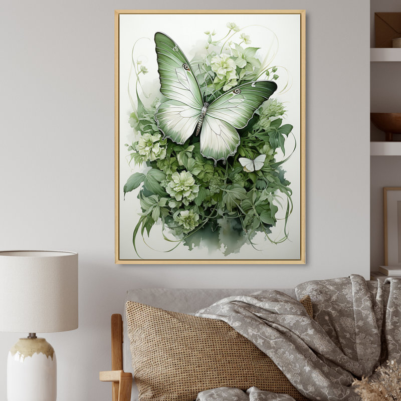 «Green Butterfly Whirling Beauty», art sur toile papillon, H 44 po x l 34 po x P 1,5 po, Cadre flottant érable