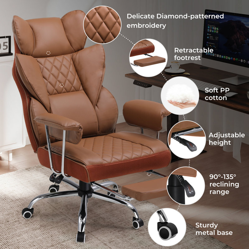 Inbox Zero Adjustable Padded Armrests and Reclining PC & Racing Game Chair, Brown