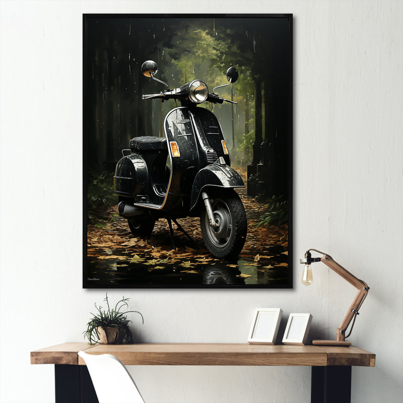 Sentier forestier et scooters sur toile, Cadre flottant noir, H 32 po x l 16 po
