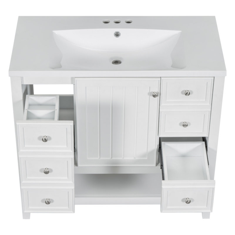 Meuble-lavabo de 36 pouces avec lavabo, 1 armoire, 3 tiroirs, panneau en bois massif et panneau de fibres à densité moyenne pour un rangement durable