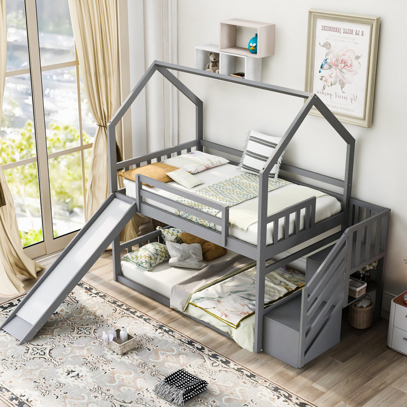 House Bunk Bed With Convertible Slide, Storage Staircase Can Be Placed Left Or Right, Grey