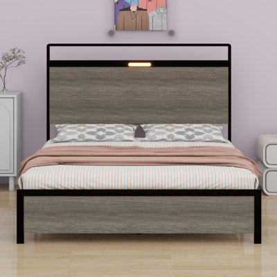 Base de lit plateforme avec tête de lit à DEL avec rangement et 2 USB, grand rangement sous le lit