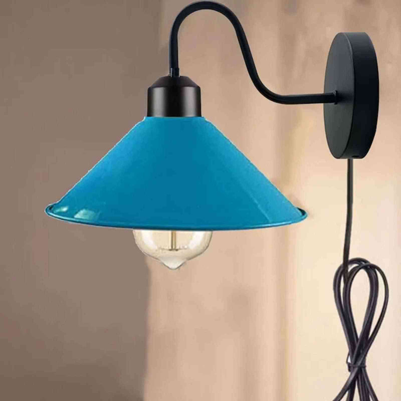 Industrial Modern Anayaa Plug-In Wall Sconce – Metal Cone Shade with Cord Dimmer for Easy Mounting, Blue