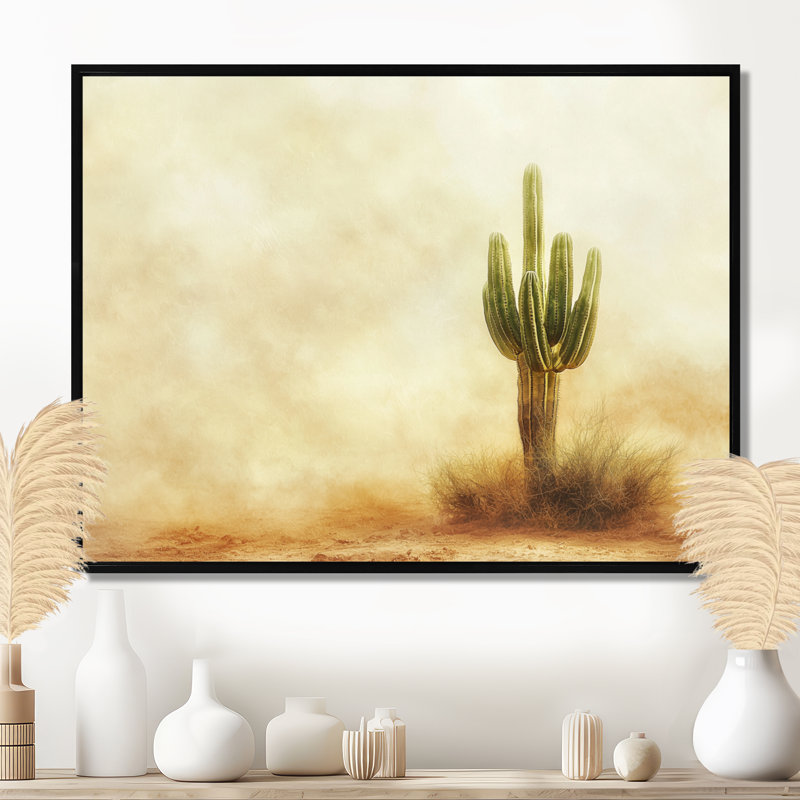 Cactus tempête de sable I - art mural cactus, H 12 po x l 20 po, Cadre flottant, Noir