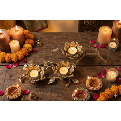 Designer Brass Candle and Diya Holder - 14.7" Decorative Multi-Wick Oil Lamp Tray for Diwali Festival Prayer Room Home Centerpiece Decor