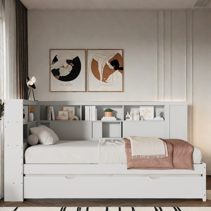 Avis Wood Daybed With Storage Shelves, Charging Station And Trundle, White