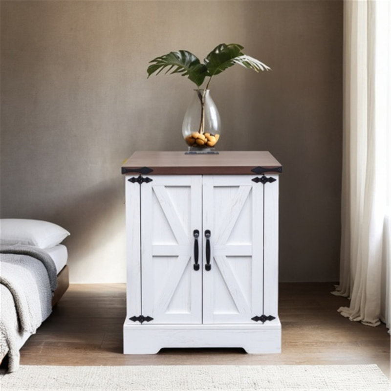Table de bout de ferme polyvalente avec options de charge et de rangement, Blanc / noyer foncé