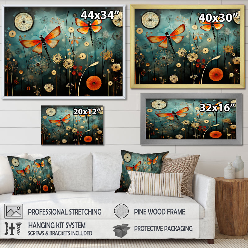 Libellules dans la prairie - insectes et insectes, Cadre doré à coins fermés, H 12 po x l 20 po x P 1 po